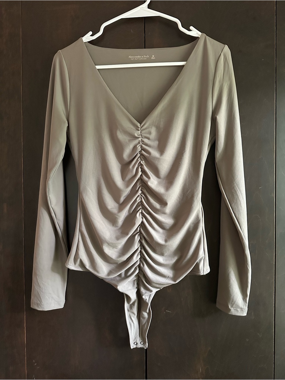 Abercrombie & Fitch Taupe Ruched V-Neck Long-Sleeve Bodysuit